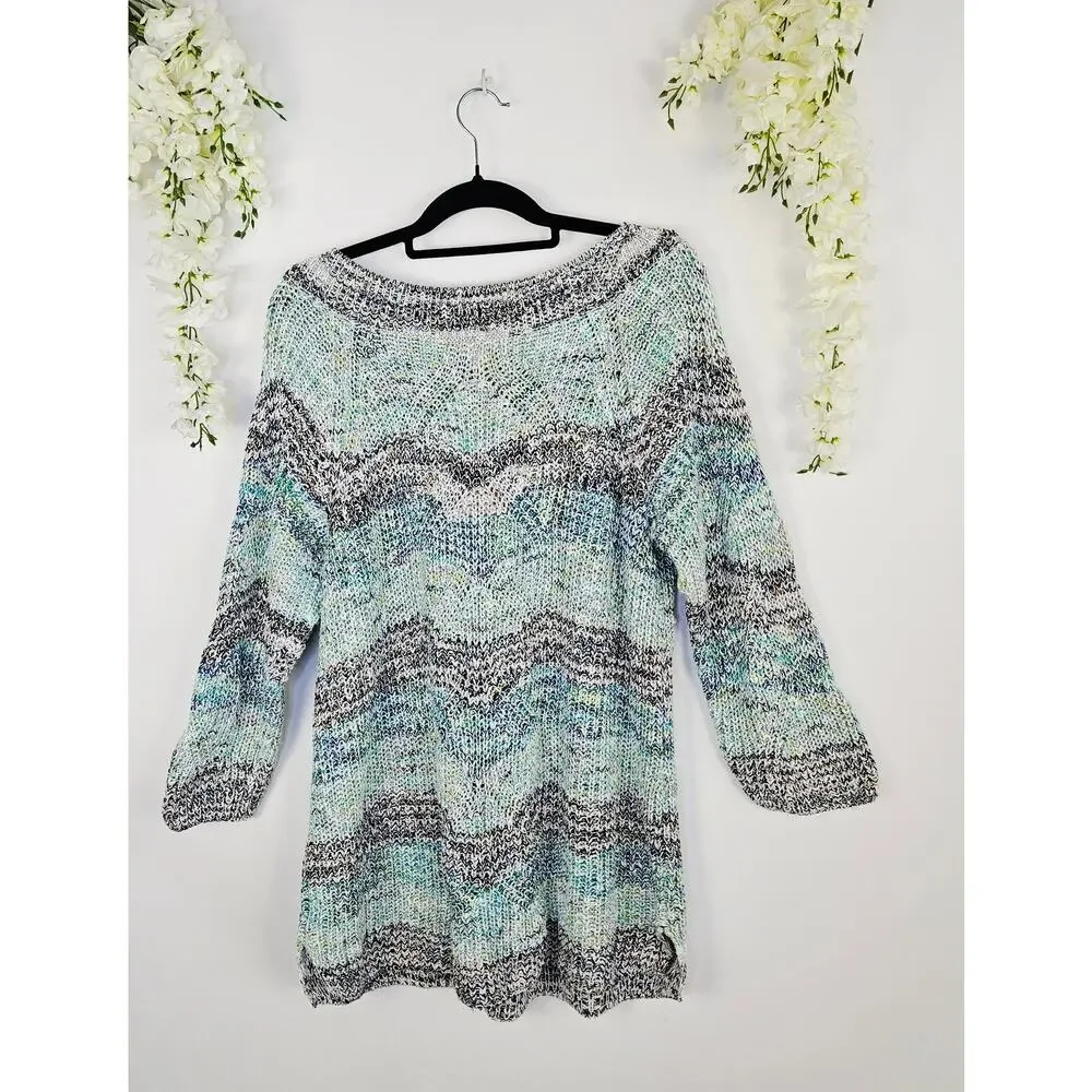 J Jill Marled Open Knit Tunic Sweater Size XL Cotton Blue Green Boho Winter Cozy